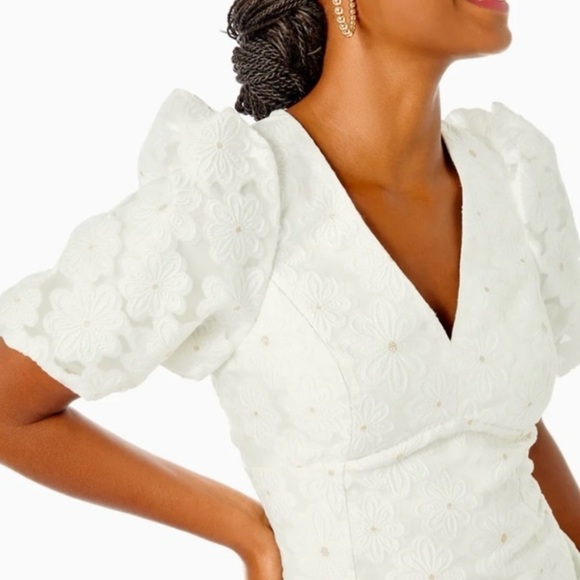 Lilly Pulitzer Citra Embroidered Puff Sleeve Floral Shift Dress White‎ Gold 00 - Picture 2 of 13